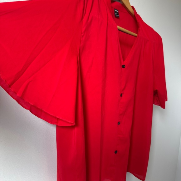 SHEIN  V-neck faux button, sheer blouse with bell sleeves - Picture 3 of 5